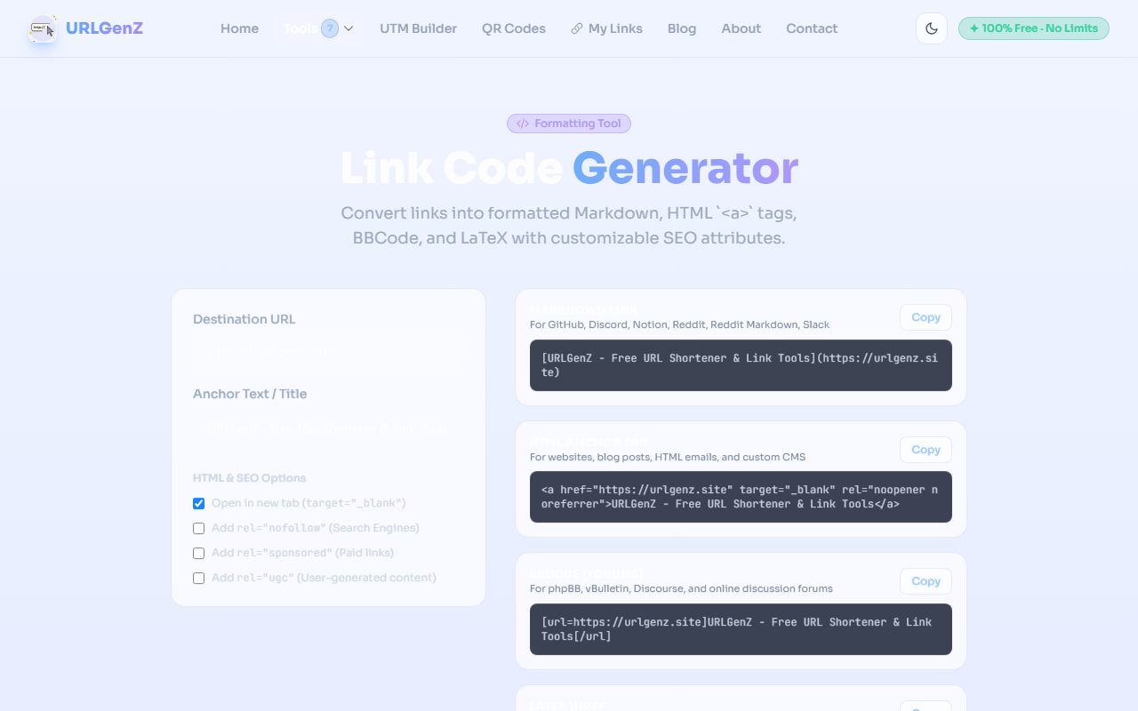 URLGenZ Link Code Formatter Tool
